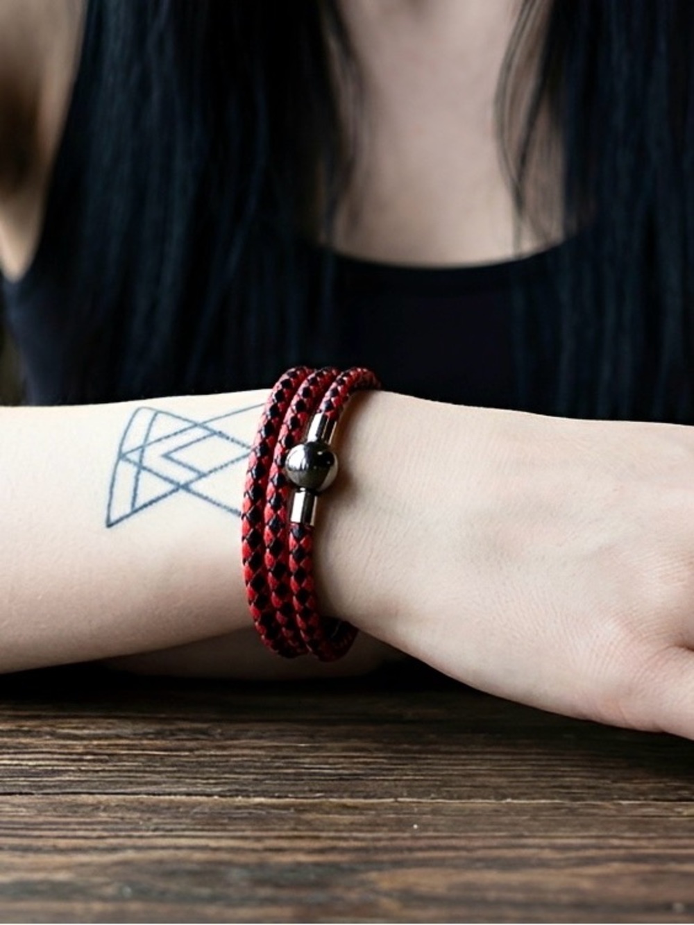 Linx Triple Black and Red Leather Braided Cord Bracelet with Magnetic Clasp